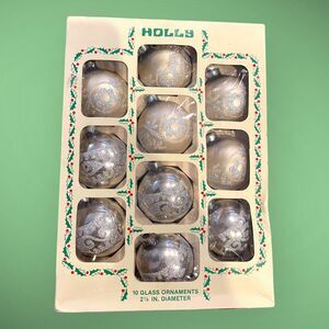 Vintage HOLLY Glass Christmas Ornaments GLITTERY SILVER & BEIGE 2.25” Box of 10